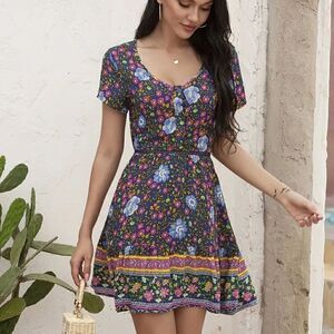 Ditsy Sweet Bohemian Navy Blue Floral Print Scoop Neck Mini Dress Casual Office